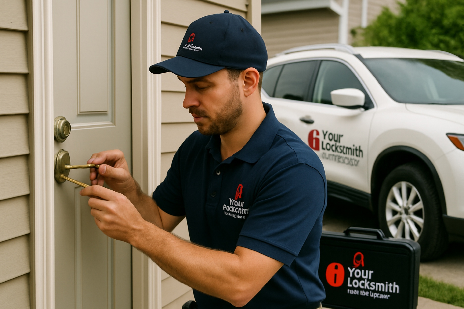Expert residential locksmith performing lock repair service on home door in Great Neck, NY